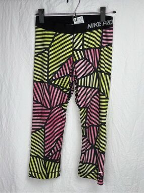 Nike pro women’s Medium Pink & Lime Geometric stained glass capri Leggings